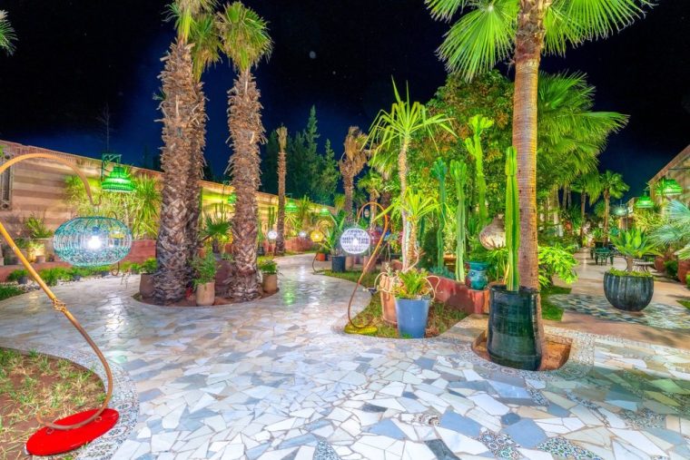 The garden lit after dark, lanterns among the palms
