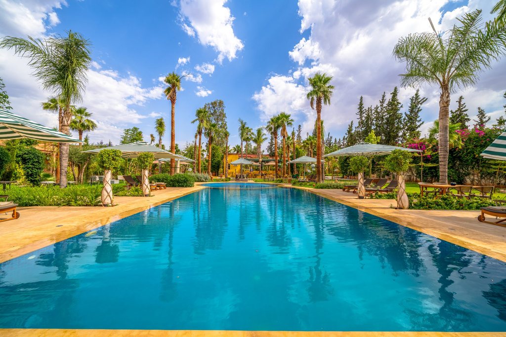 Outdoor swimming pool bordered by parasols and palms