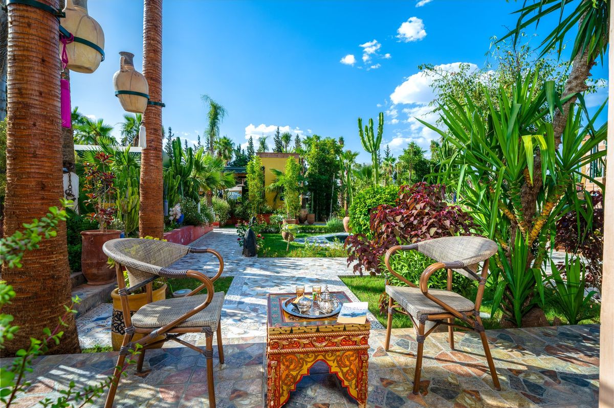 Private terrace of a standard room, table and chairs under the palms