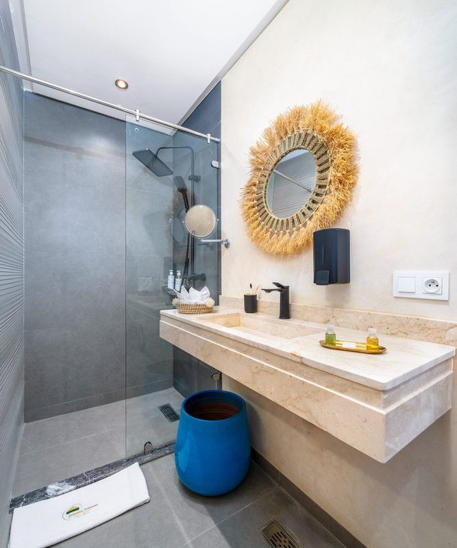 Bathroom of a deluxe room with a walk-in shower and raffia mirror