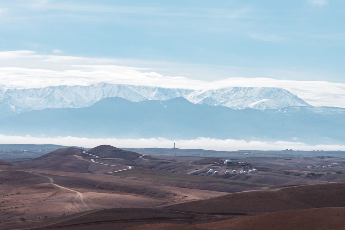 The Agafay stone desert at golden hour near Marrakech