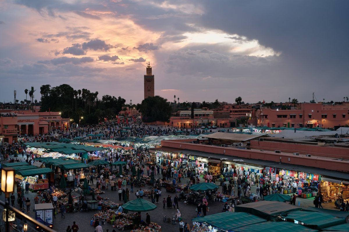 Souk stalls and lanterns in the Marrakech medina